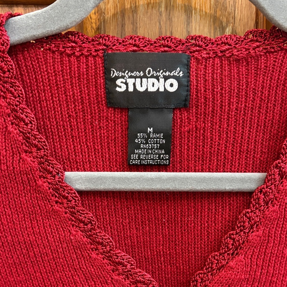 Vintage Cherry Red Cotton Blend Cardigan Medium Crochet Detail Cottagecore Boho - Picture 2 of 7